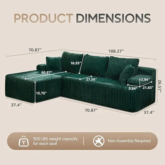 Sectional Sofa Couches 108" L-Shape Couch 3 Seat Modular Sofa Memory
