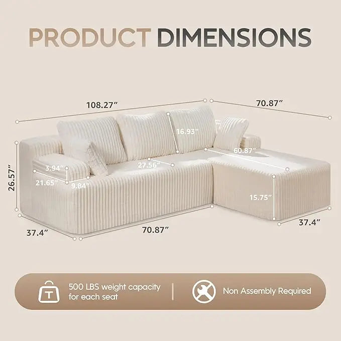 Sectional Sofa Couches 108" L-Shape Couch 3 Seat Modular Sofa Memory
