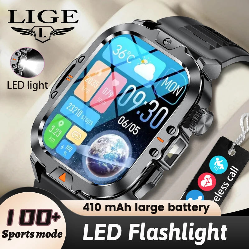 HD Screen Men Smart Watch With Flashlight Waterproof Health Monitor Call Smartwatch