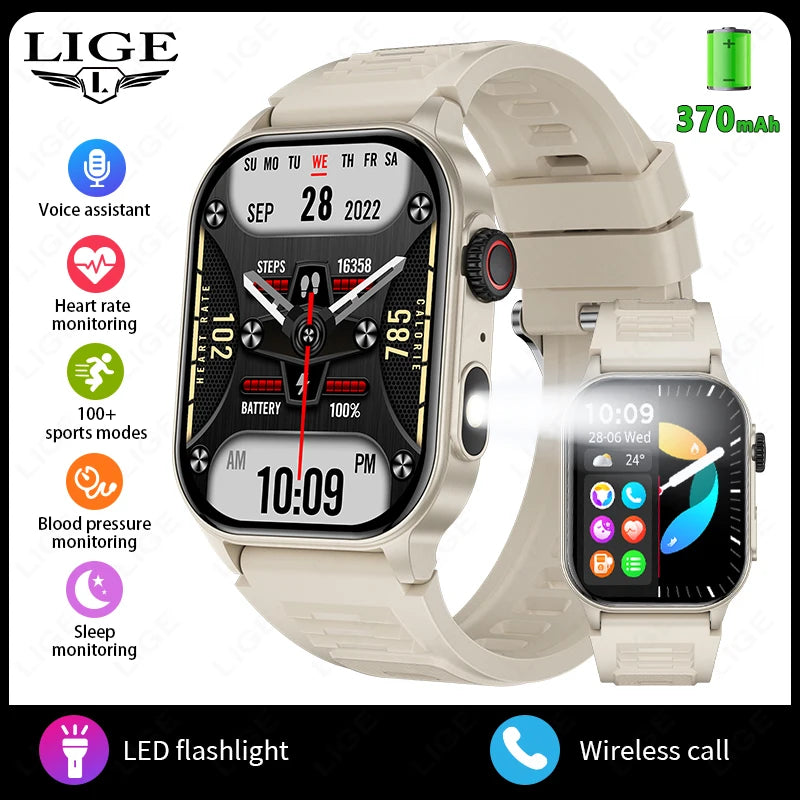 New Smart Watch Flashlight Military Sport Watches Screen Health Monitor Bluetooth call