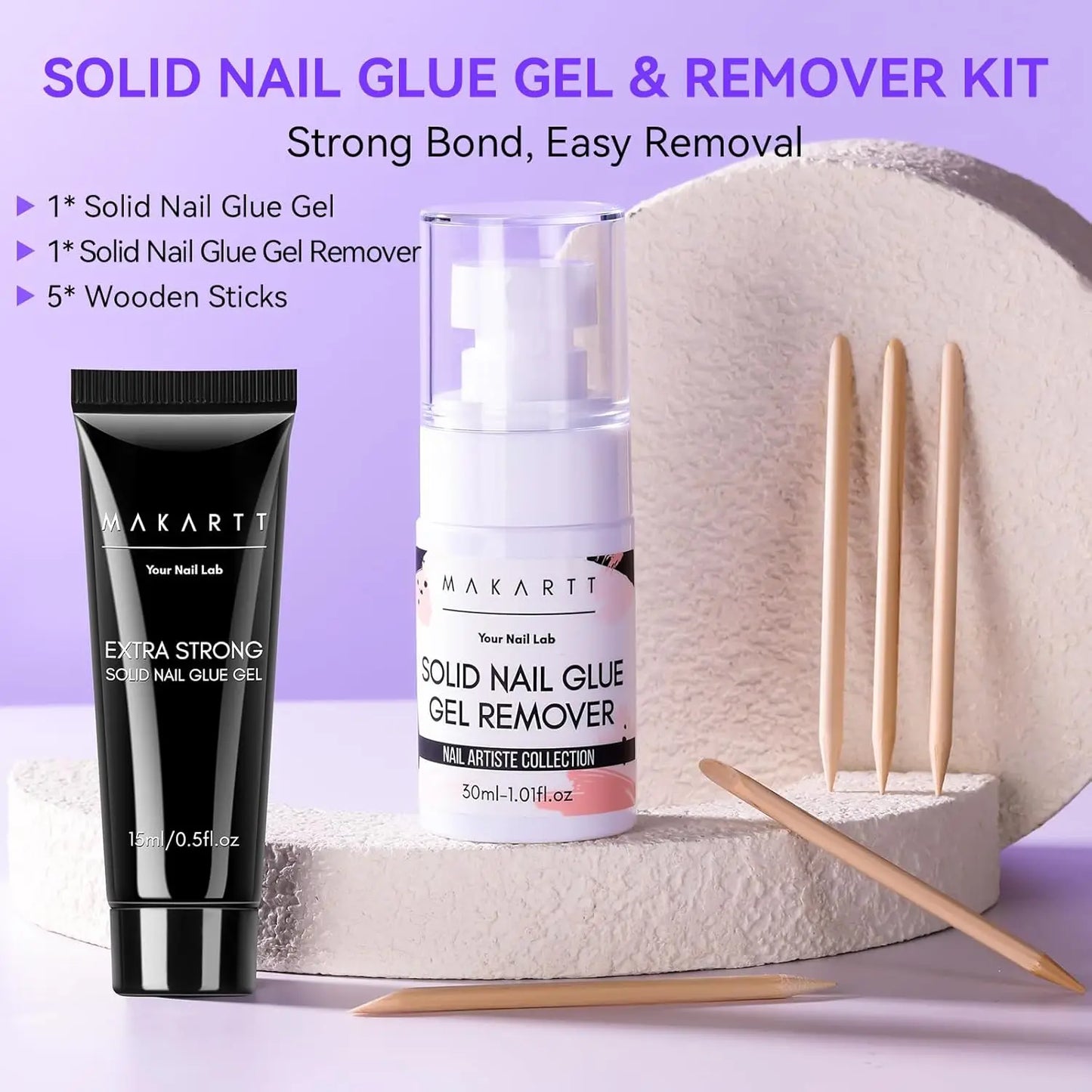 Solid Nail Glue with Glue Remover Kit: Super Strong Nail Glue Gel for Press on Nails