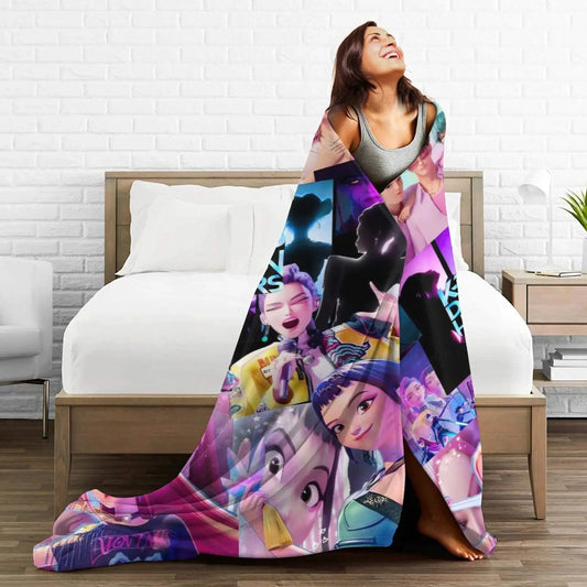 Huntrix Girls Cozy Super Soft Flannel Blanket,Popular KPop Demon Hunter Anime Throw Blanket