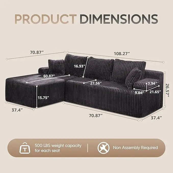 Sectional Sofa Couches 108" L-Shape Couch 3 Seat Modular Sofa Memory