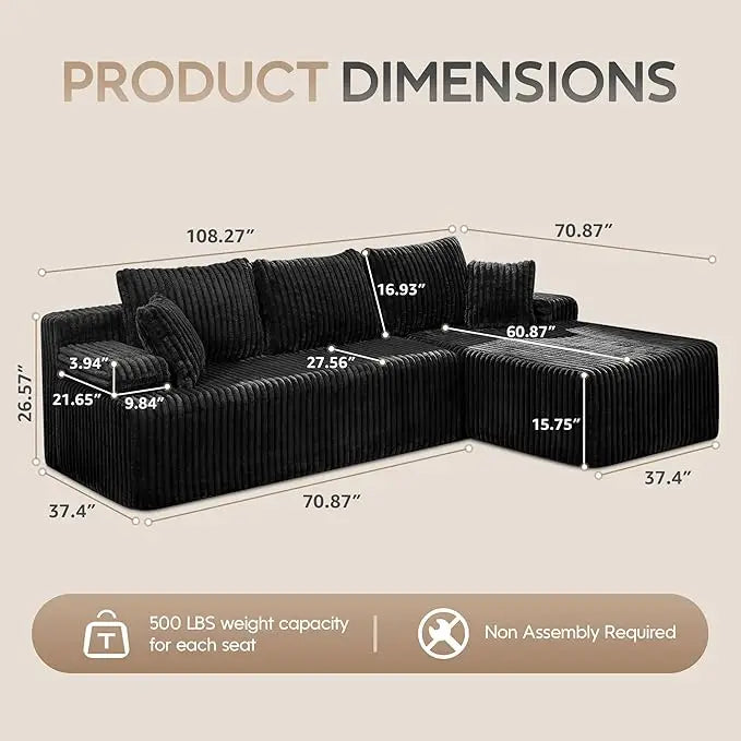 Sectional Sofa Couches 108" L-Shape Couch 3 Seat Modular Sofa Memory