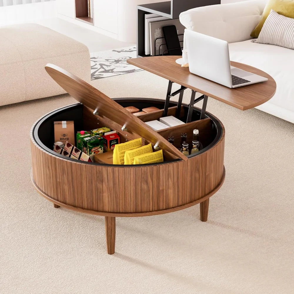 Round Fluted Lift Top Coffee Table with Storage, Mid Century Modern Coffee Table for Living Room, Home Small Space