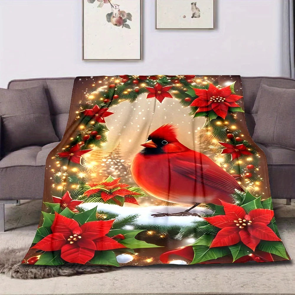 Reversible Flannel Throw Blanket, Christmas Tree & Red Bird Print, All-Season Cozy Polyester Bedding