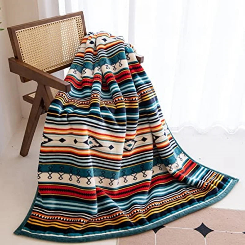 Lightweight Boho Sherpa Throw 50'' X 60'' Blanket - Soft Plush Flannel Throw Stripe Blankets