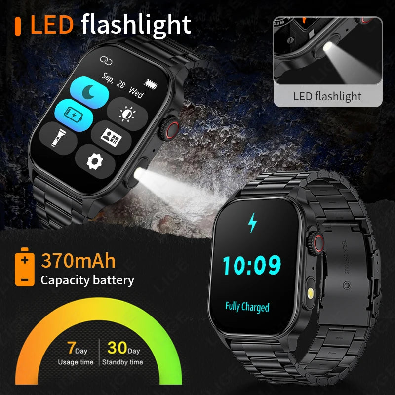 New Smart Watch Flashlight Military Sport Watches Screen Health Monitor Bluetooth call