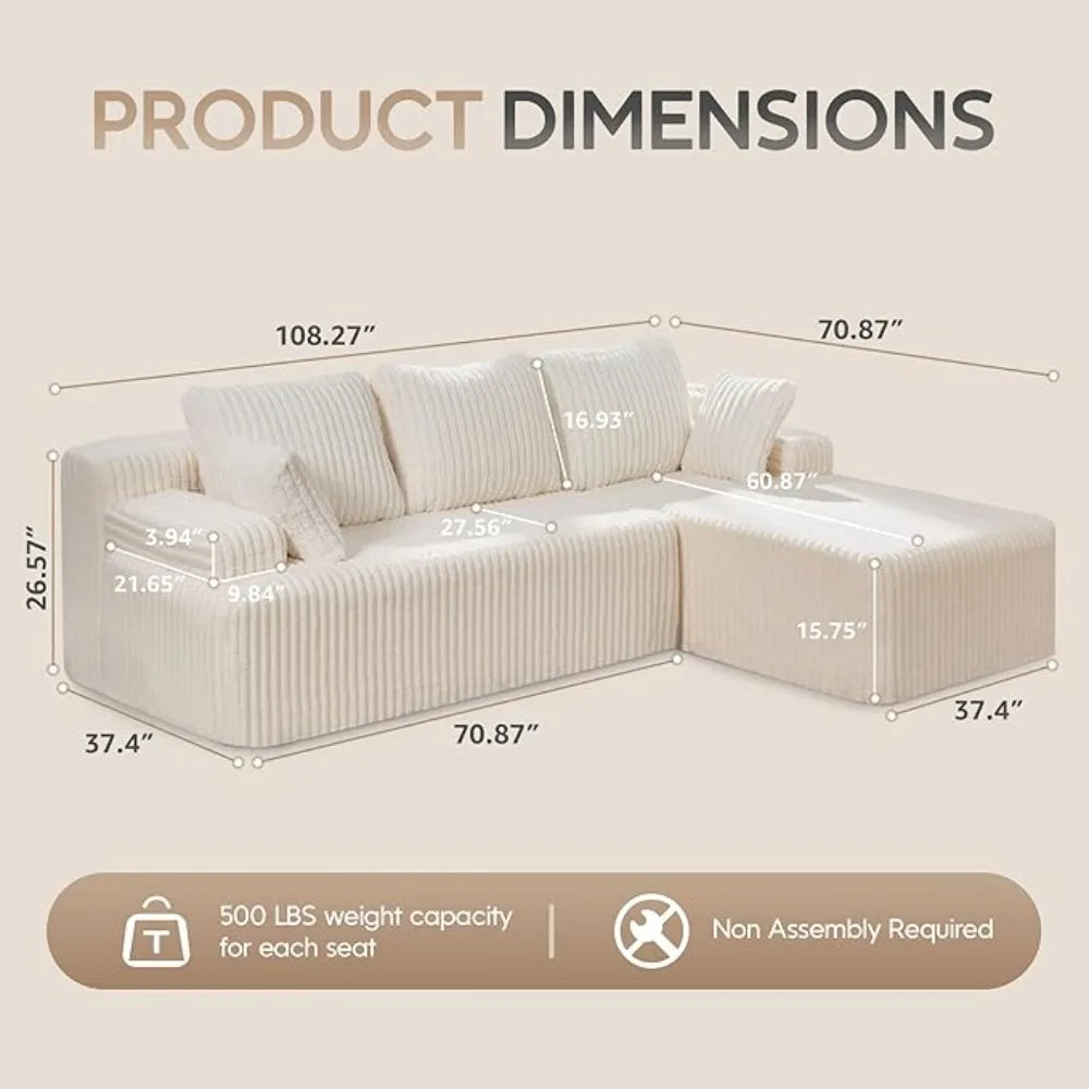 Sectional Sofa Couches 108" L-Shape Couch 3 Seat Modular Sofa Memory