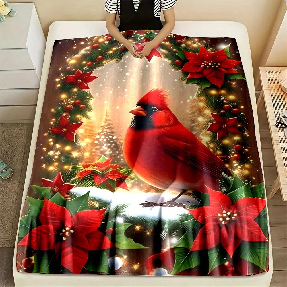 Reversible Flannel Throw Blanket, Christmas Tree & Red Bird Print, All-Season Cozy Polyester Bedding