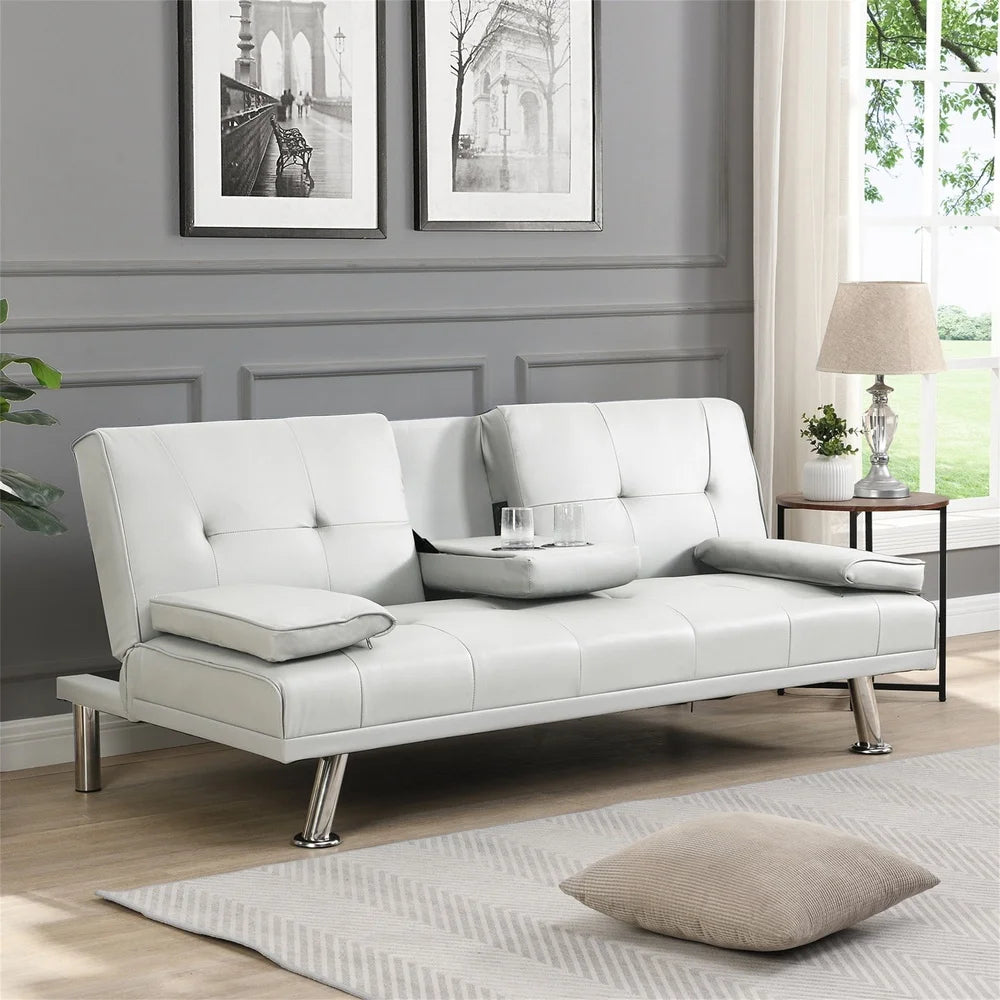 Convertible Leather Futon Sofa Bed. Comfortable Folding Couch Small Spaces