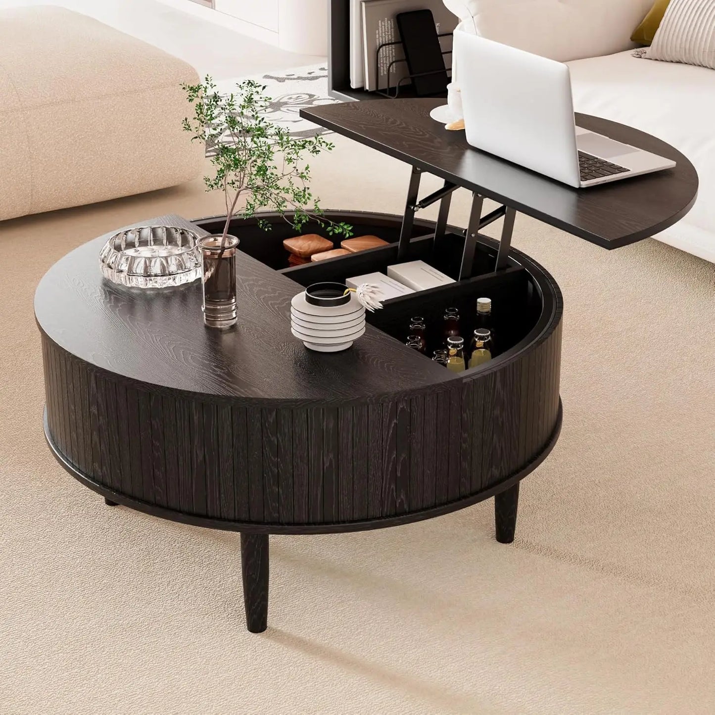Round Fluted Lift Top Coffee Table with Storage, Mid Century Modern Coffee Table for Living Room, Home Small Space