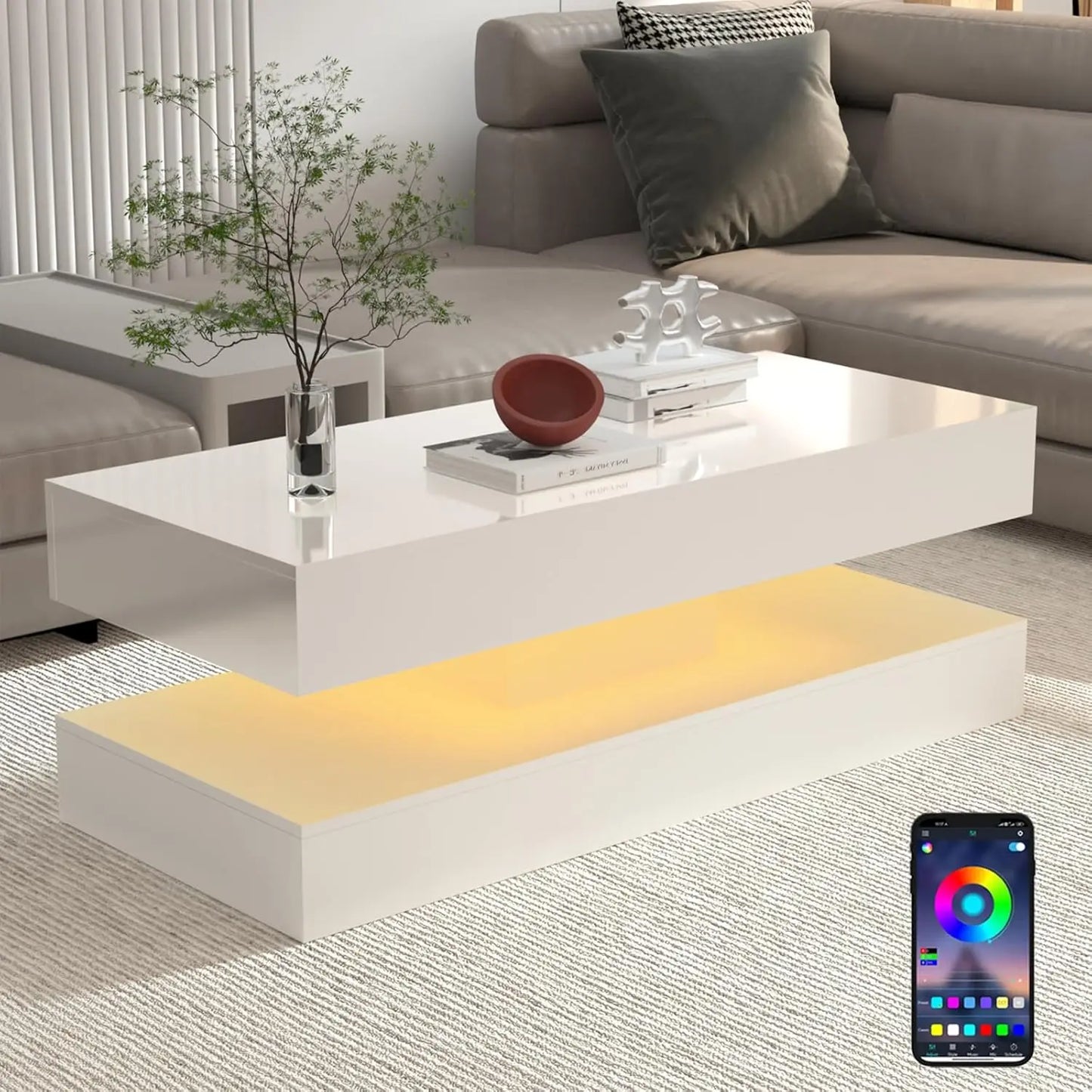 Coffee Table with LED lights, Double-Layer Design with 2 Storage Drawers