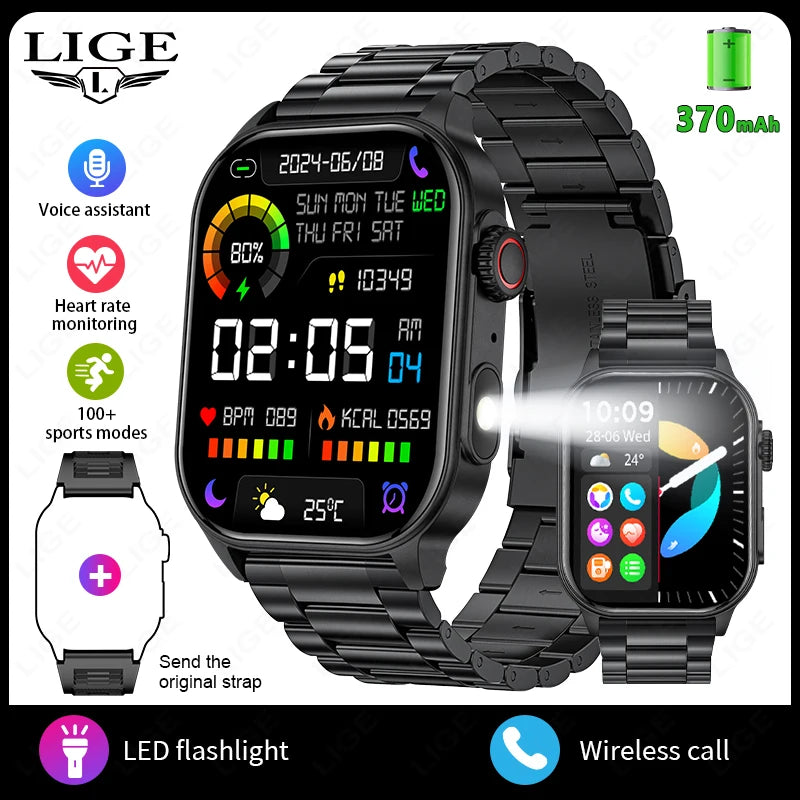 New Smart Watch Flashlight Military Sport Watches Screen Health Monitor Bluetooth call