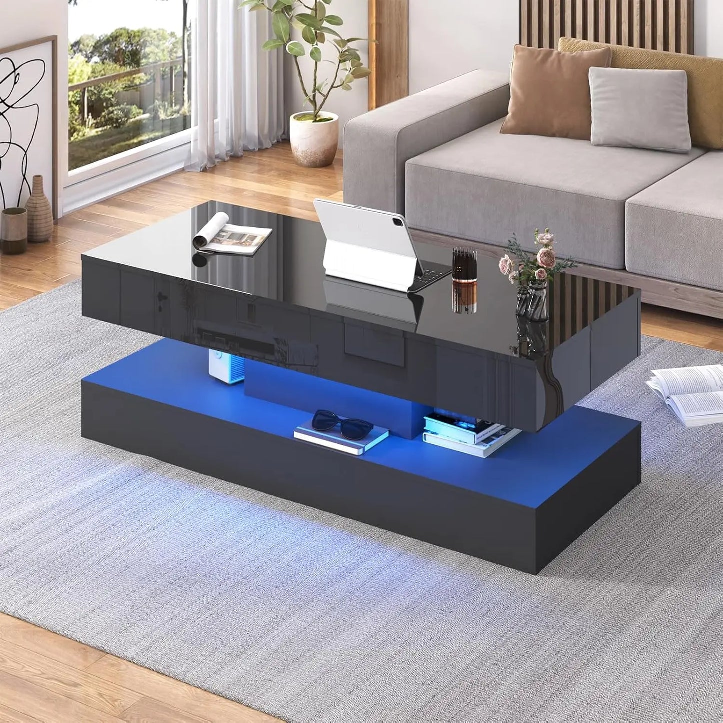 Coffee Table with LED lights, Double-Layer Design with 2 Storage Drawers