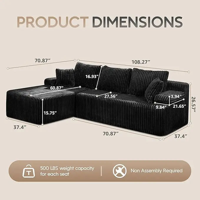 Sectional Sofa Couches 108" L-Shape Couch 3 Seat Modular Sofa Memory