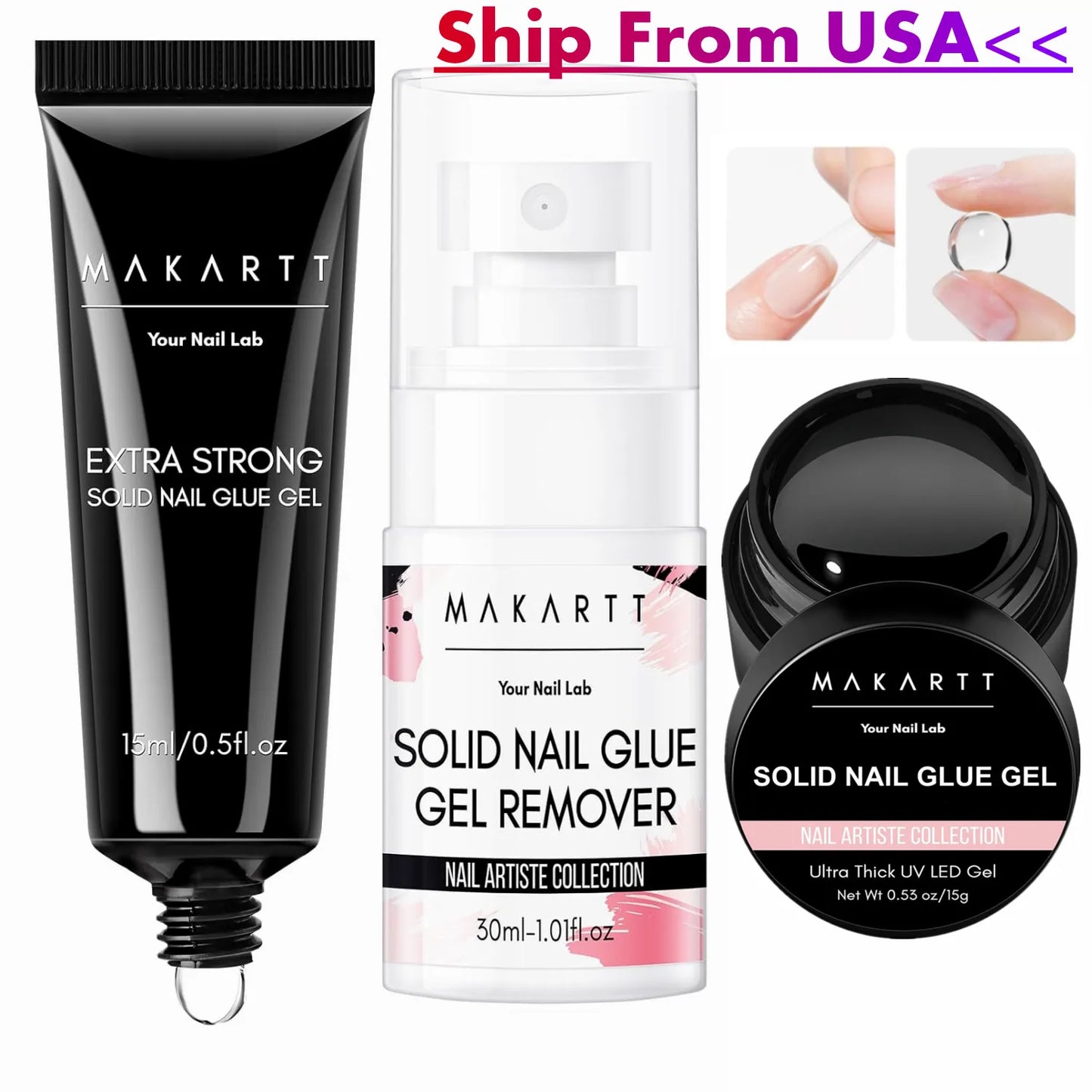 Solid Nail Glue with Glue Remover Kit: Super Strong Nail Glue Gel for Press on Nails