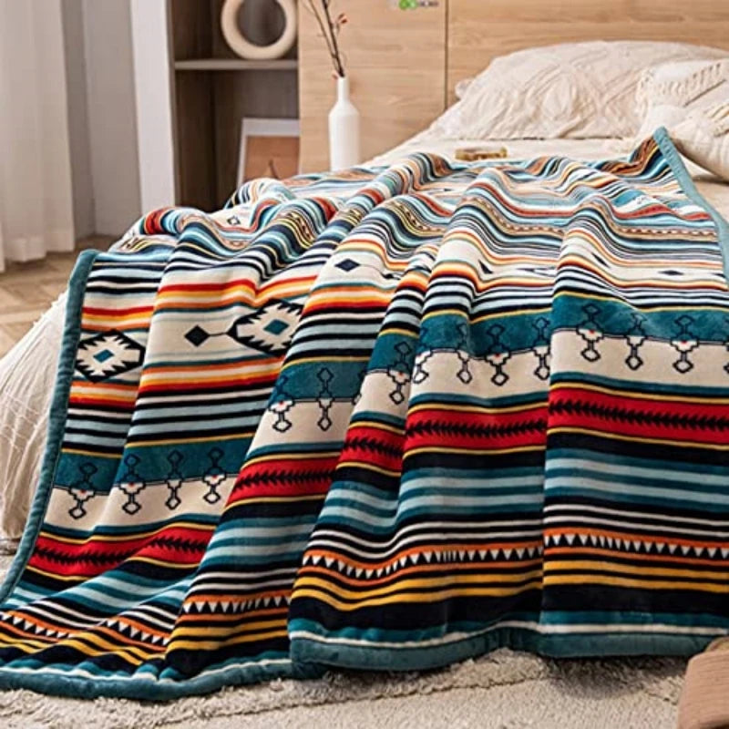 Lightweight Boho Sherpa Throw 50'' X 60'' Blanket - Soft Plush Flannel Throw Stripe Blankets