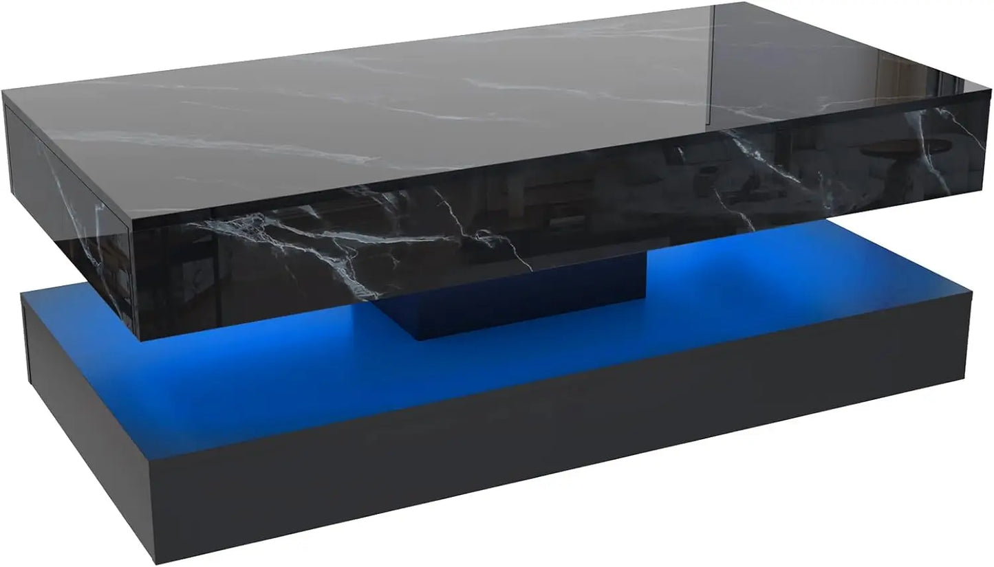 Coffee Table with LED lights, Double-Layer Design with 2 Storage Drawers
