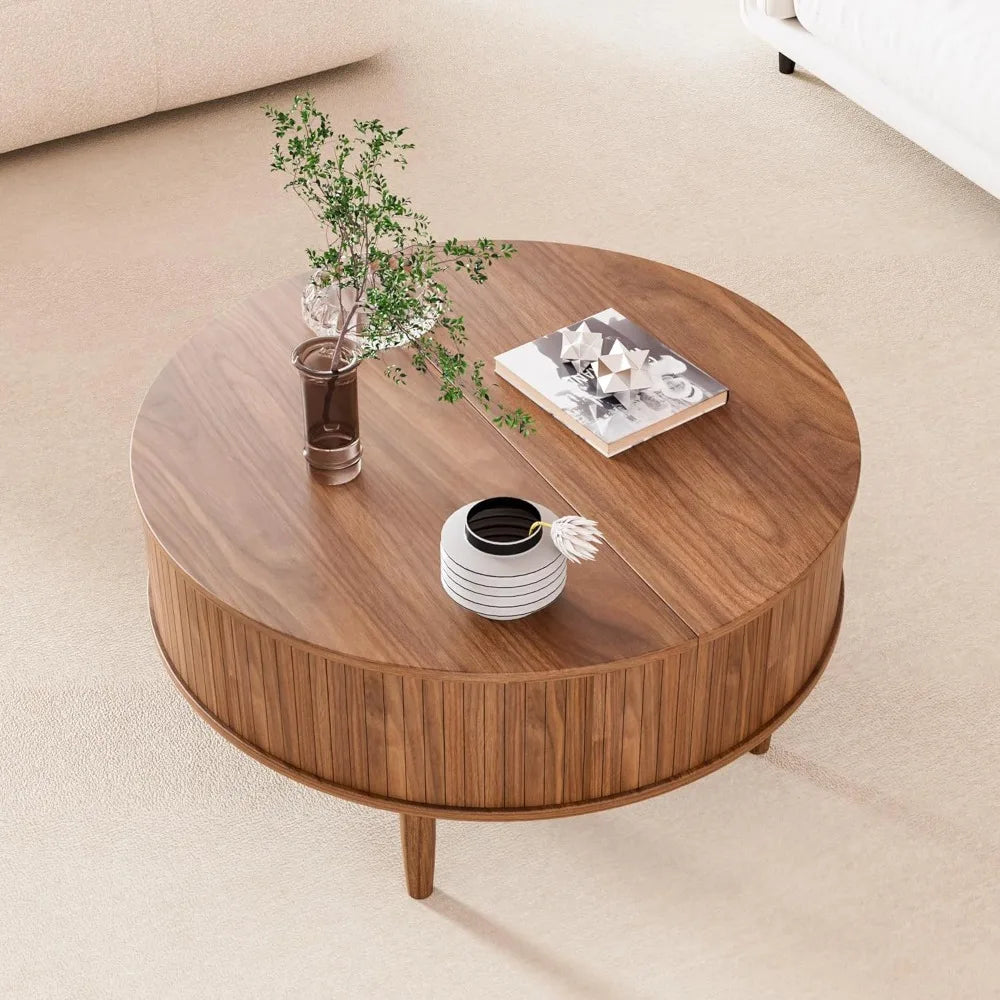 Round Fluted Lift Top Coffee Table with Storage, Mid Century Modern Coffee Table for Living Room, Home Small Space