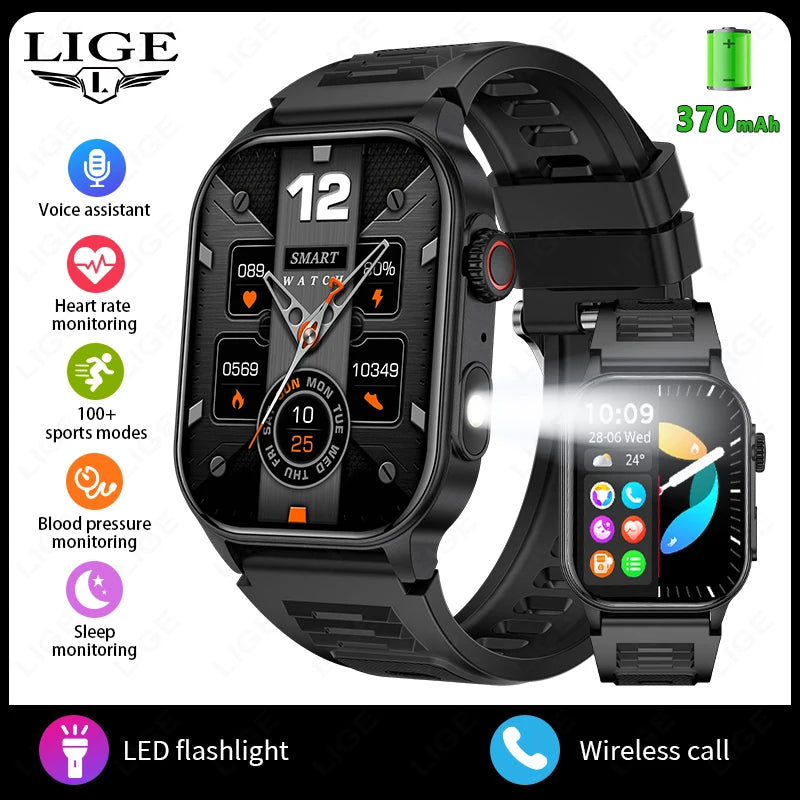 New Smart Watch Flashlight Military Sport Watches Screen Health Monitor Bluetooth call