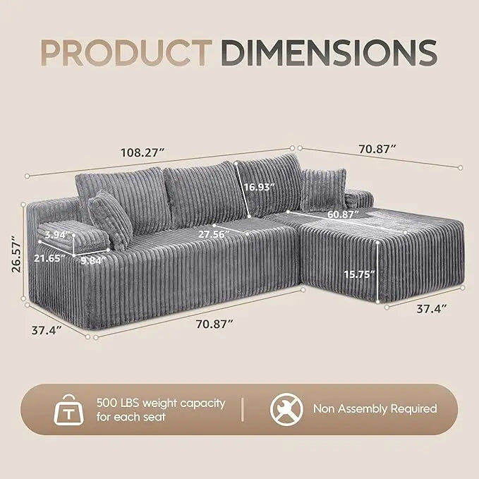 Sectional Sofa Couches 108" L-Shape Couch 3 Seat Modular Sofa Memory