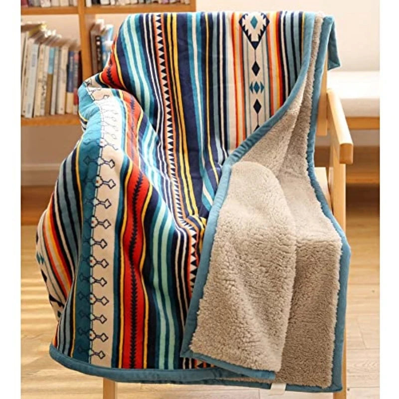 Lightweight Boho Sherpa Throw 50'' X 60'' Blanket - Soft Plush Flannel Throw Stripe Blankets