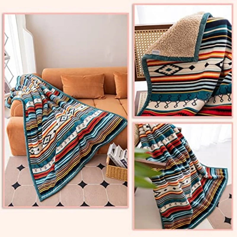 Lightweight Boho Sherpa Throw 50'' X 60'' Blanket - Soft Plush Flannel Throw Stripe Blankets