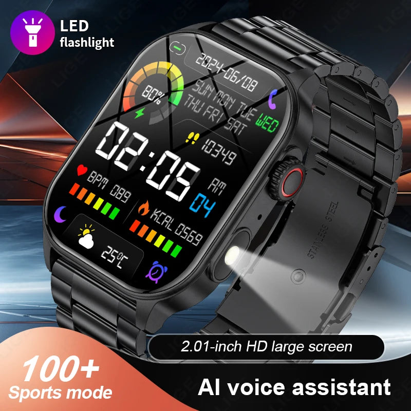 New Smart Watch Flashlight Military Sport Watches Screen Health Monitor Bluetooth call