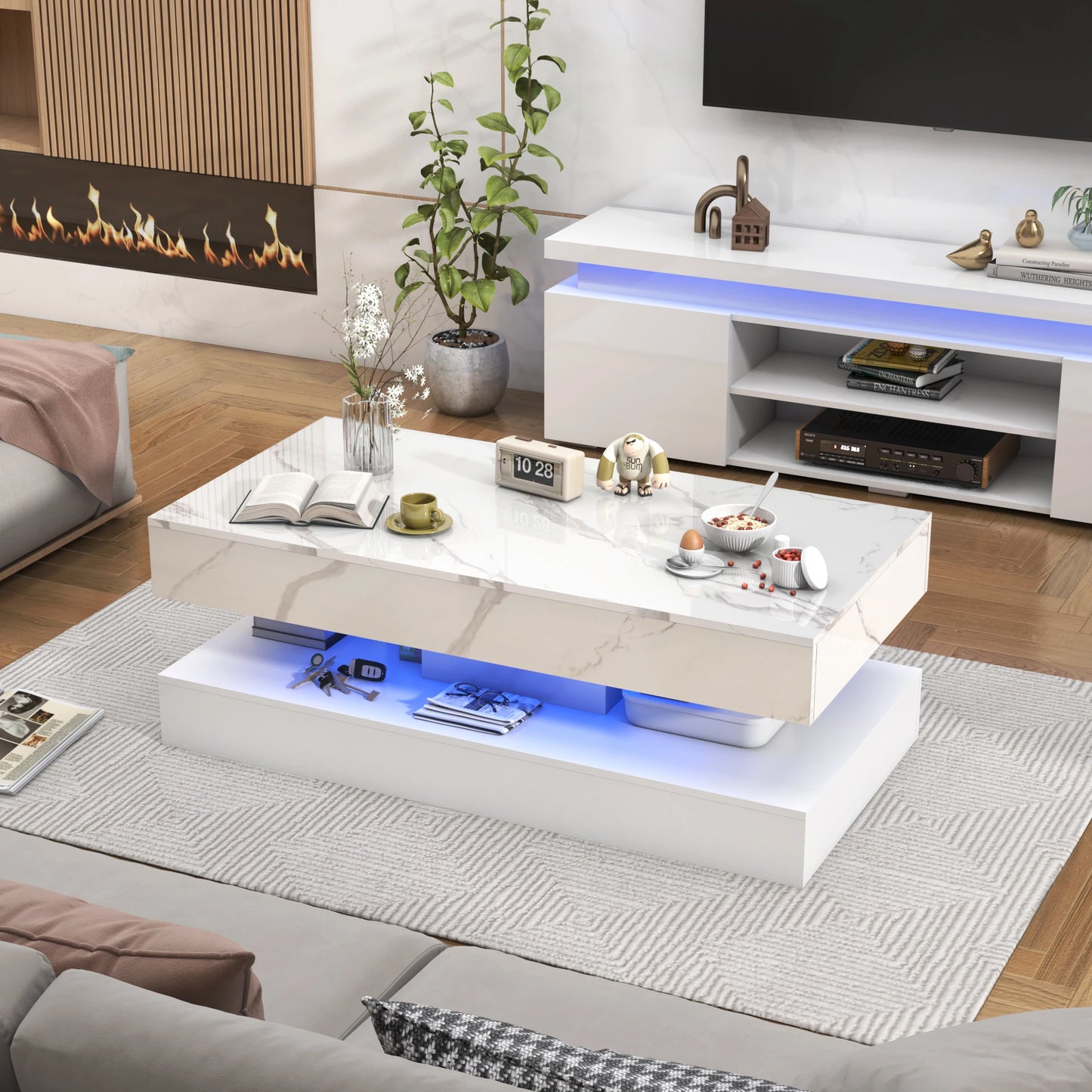 Coffee Table with LED lights, Double-Layer Design with 2 Storage Drawers