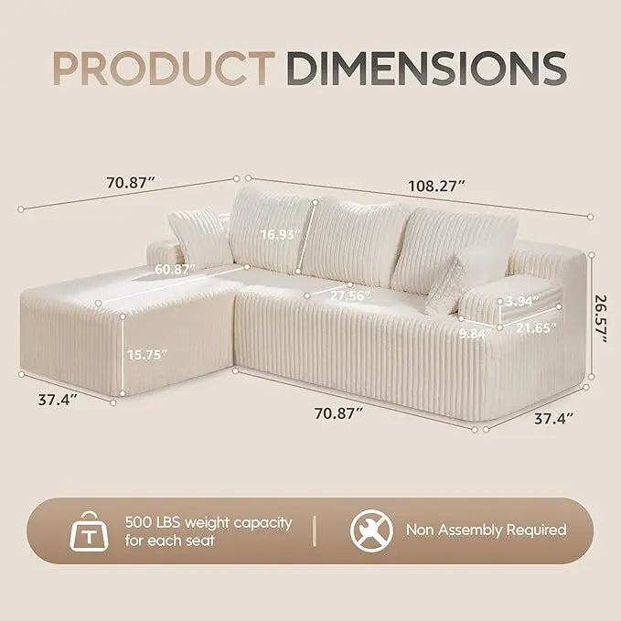 Sectional Sofa Couches 108" L-Shape Couch 3 Seat Modular Sofa Memory