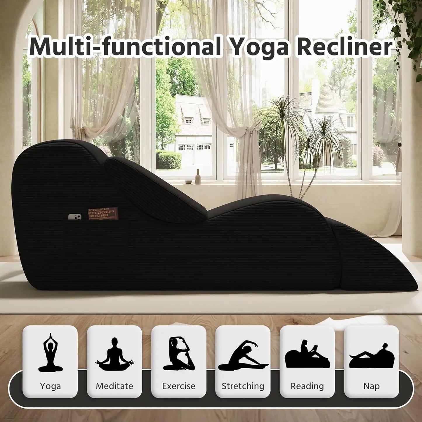 Yoga Chairs for Adults,Chaise Lounge, with Waist Pad,Foot Pad, Side Pockets,High Density Foam Non-Slip Bottom