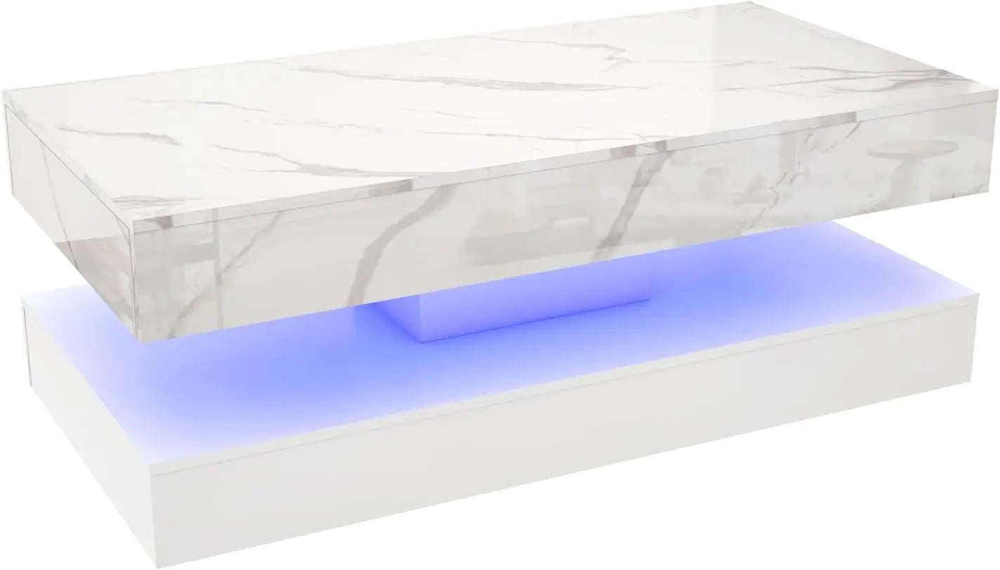 Coffee Table with LED lights, Double-Layer Design with 2 Storage Drawers