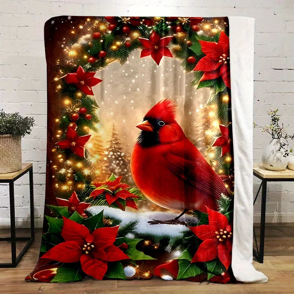 Reversible Flannel Throw Blanket, Christmas Tree & Red Bird Print, All-Season Cozy Polyester Bedding