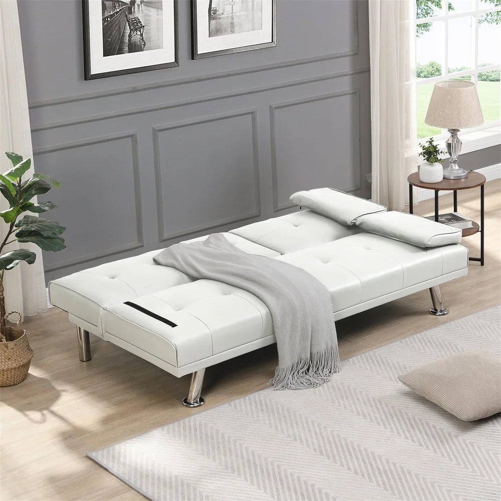 Convertible Leather Futon Sofa Bed. Comfortable Folding Couch Small Spaces