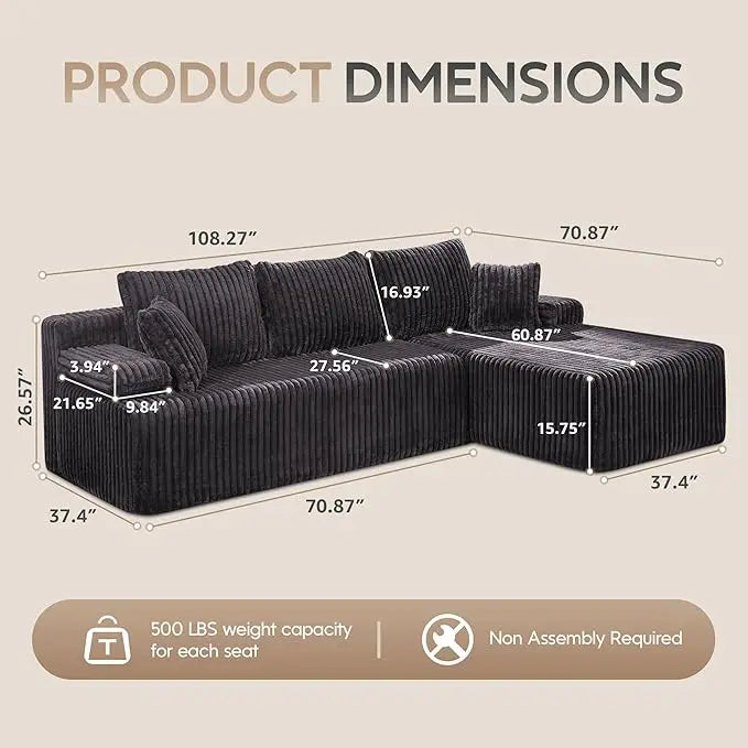 Sectional Sofa Couches 108" L-Shape Couch 3 Seat Modular Sofa Memory