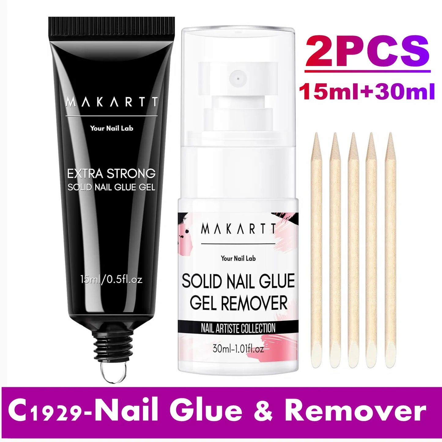 Solid Nail Glue with Glue Remover Kit: Super Strong Nail Glue Gel for Press on Nails