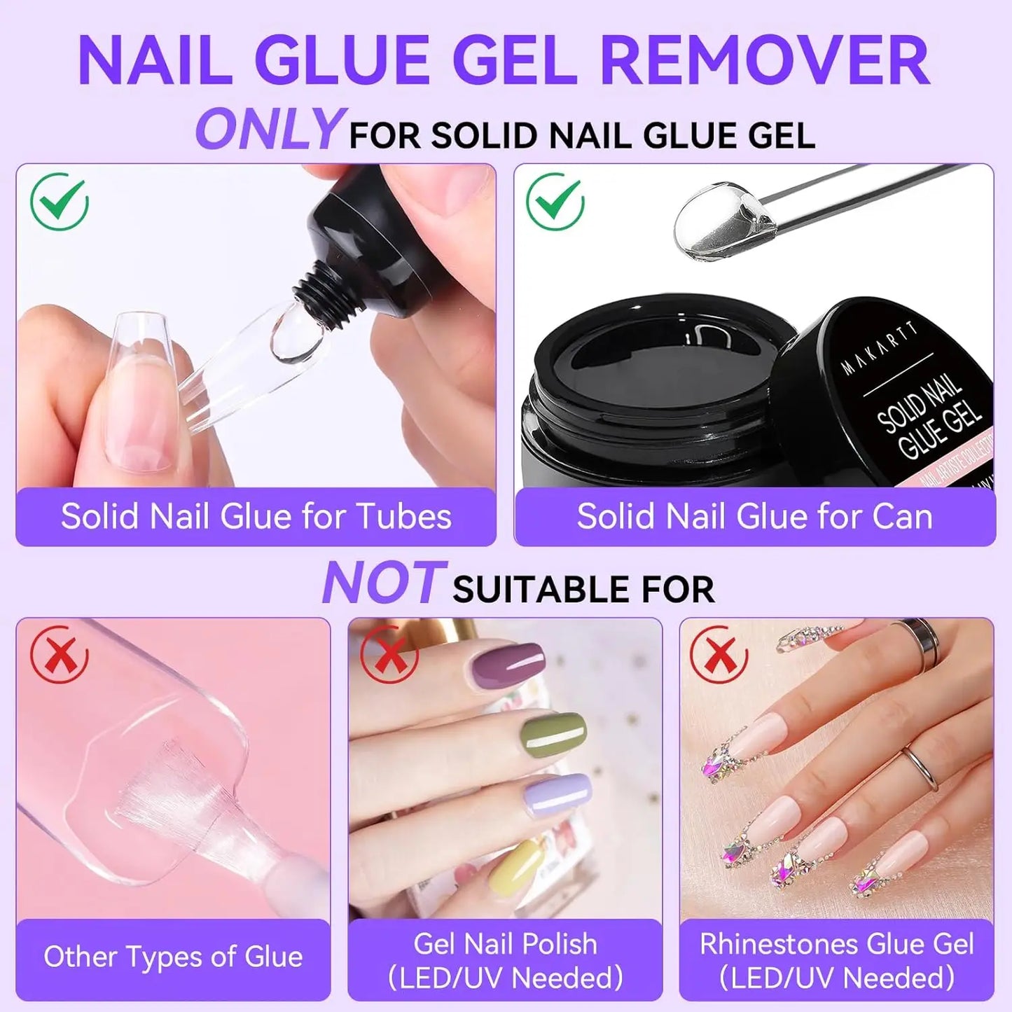 Solid Nail Glue with Glue Remover Kit: Super Strong Nail Glue Gel for Press on Nails