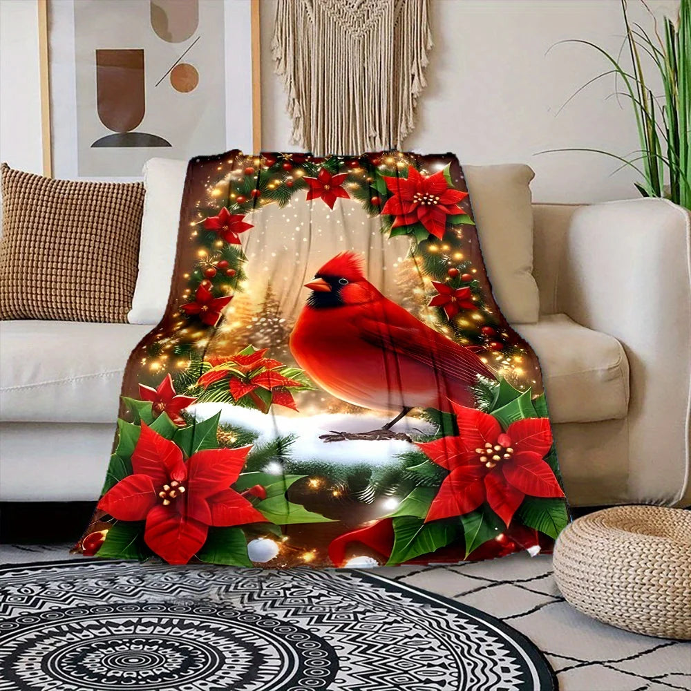 Reversible Flannel Throw Blanket, Christmas Tree & Red Bird Print, All-Season Cozy Polyester Bedding