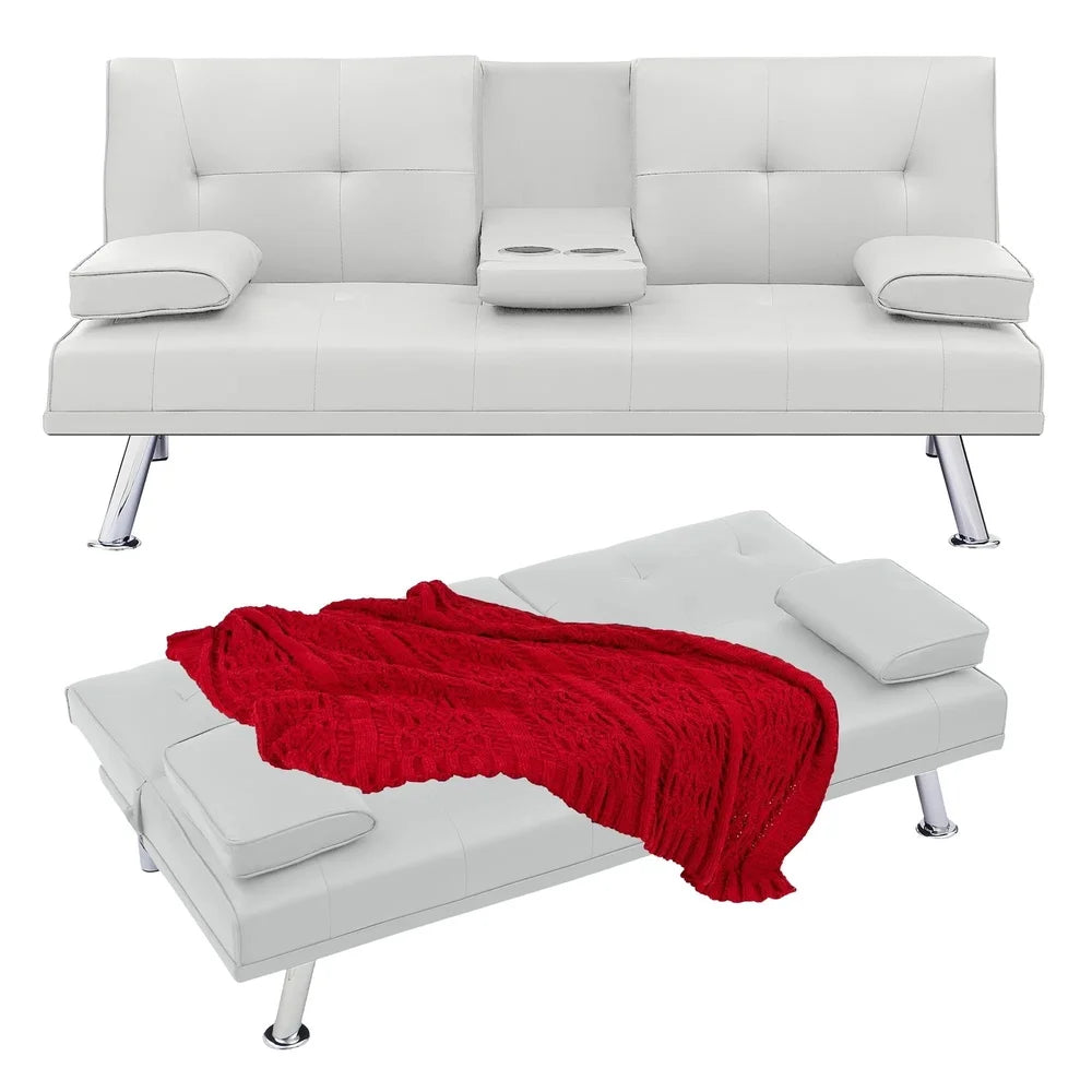 Convertible Leather Futon Sofa Bed. Comfortable Folding Couch Small Spaces