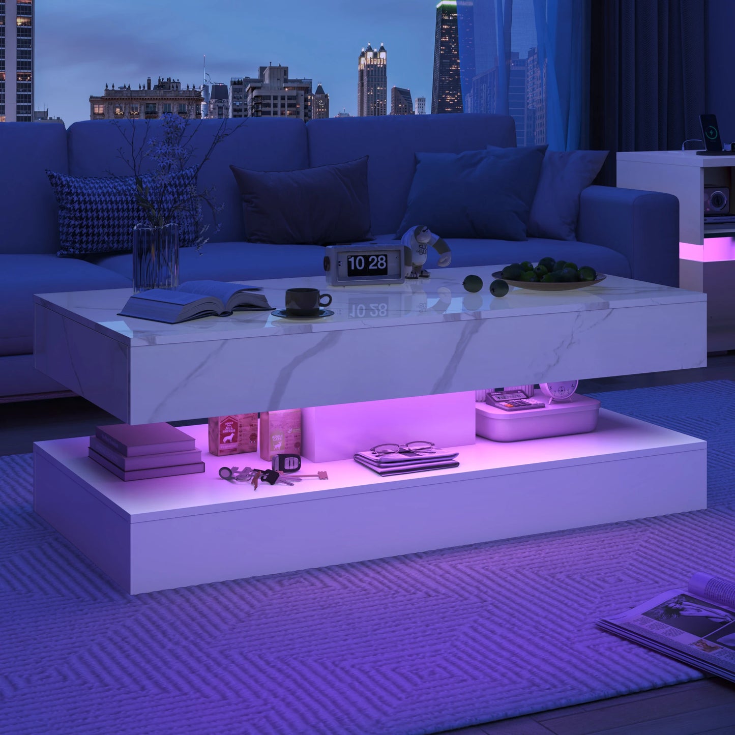 Coffee Table with LED lights, Double-Layer Design with 2 Storage Drawers