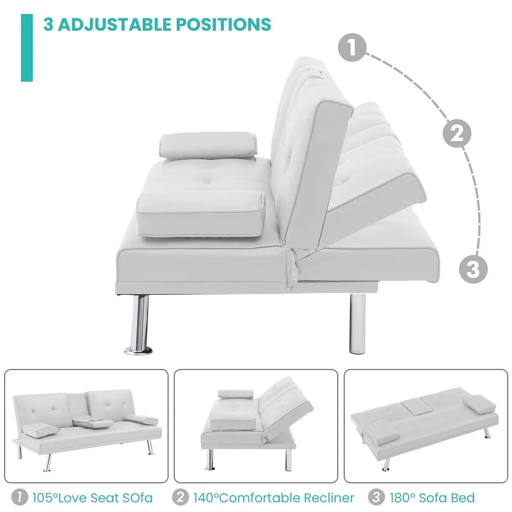 Convertible Leather Futon Sofa Bed. Comfortable Folding Couch Small Spaces