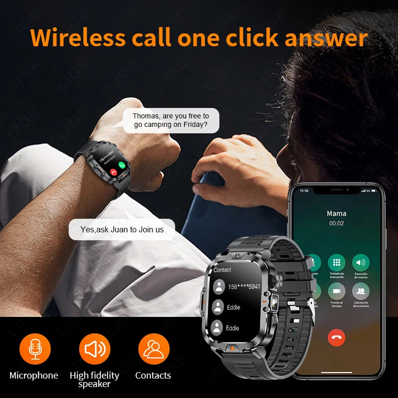 HD Screen Men Smart Watch With Flashlight Waterproof Health Monitor Call Smartwatch