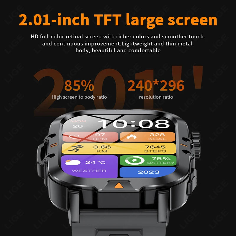 HD Screen Men Smart Watch With Flashlight Waterproof Health Monitor Call Smartwatch