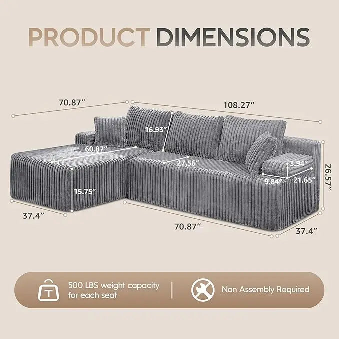 Sectional Sofa Couches 108" L-Shape Couch 3 Seat Modular Sofa Memory