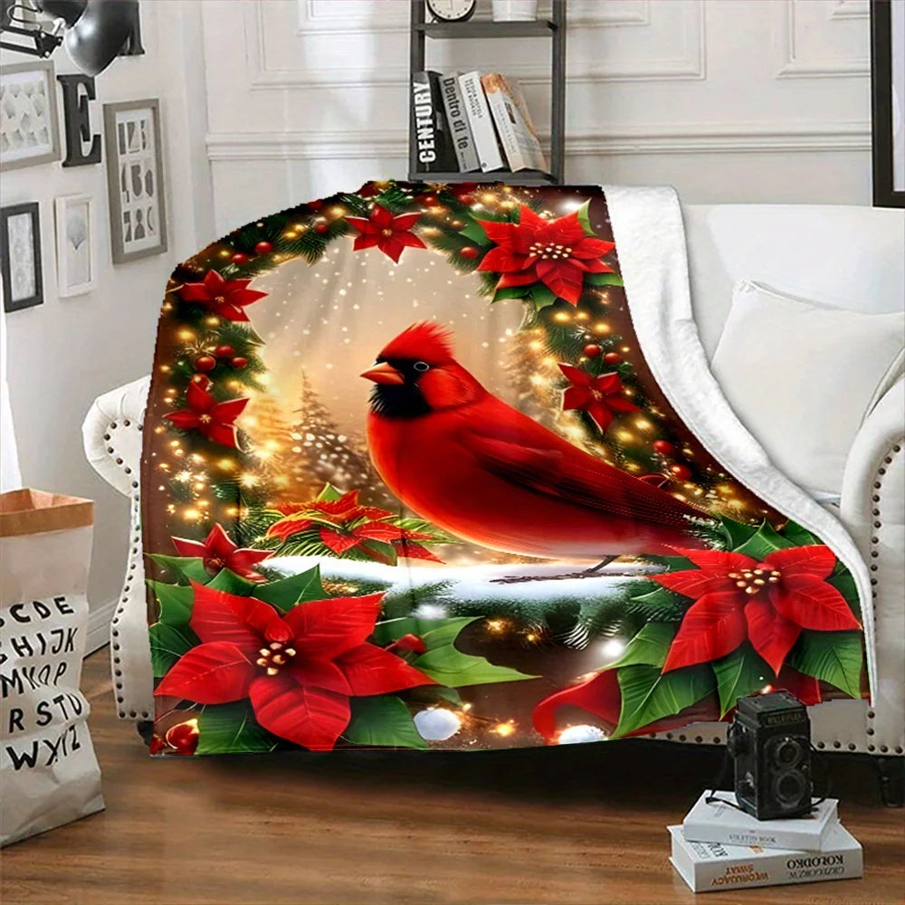 Reversible Flannel Throw Blanket, Christmas Tree & Red Bird Print, All-Season Cozy Polyester Bedding