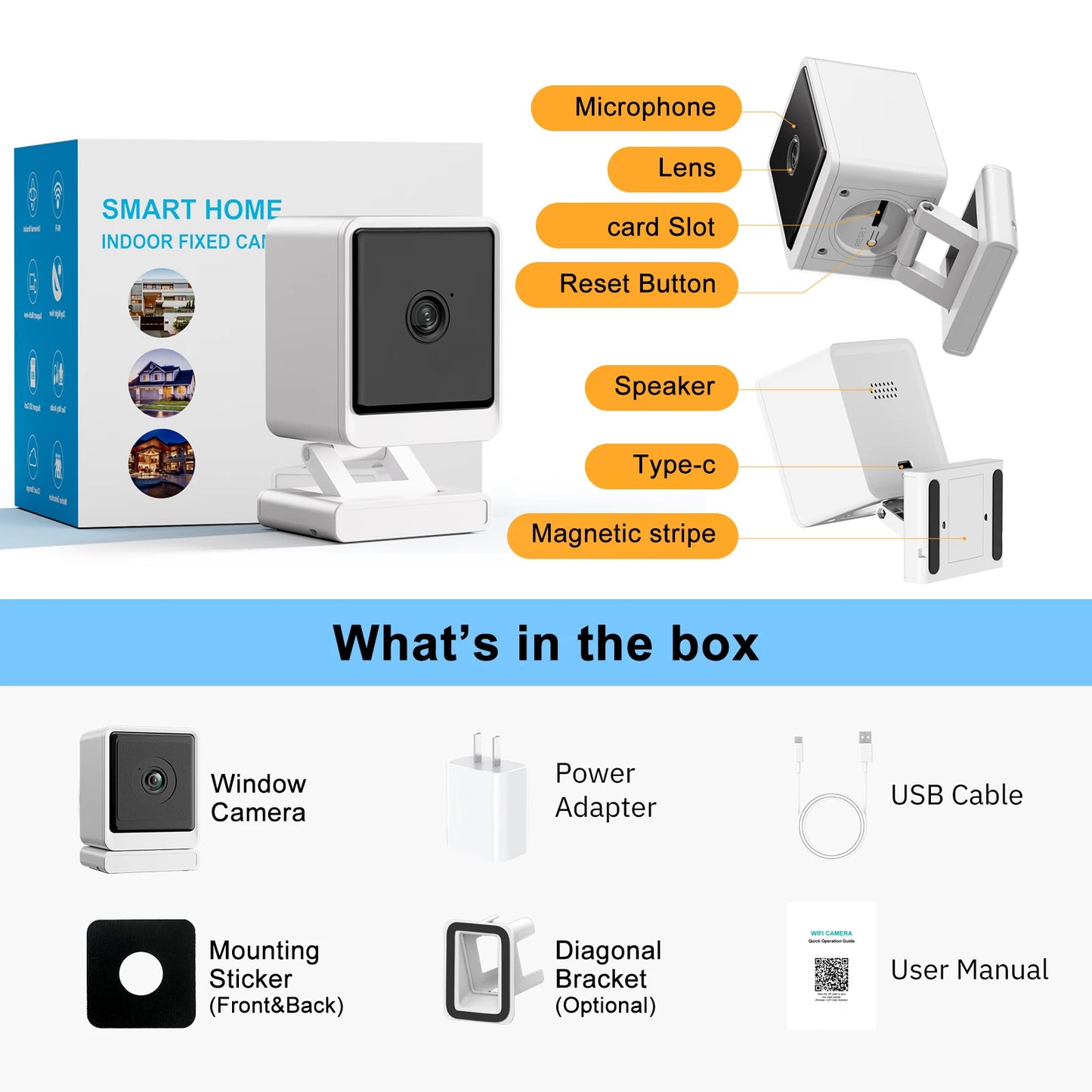 Window Camera Indoor Security, 110°Wide-angle, With Color Night Vision, HD Video Camera, 2-Way Audio
