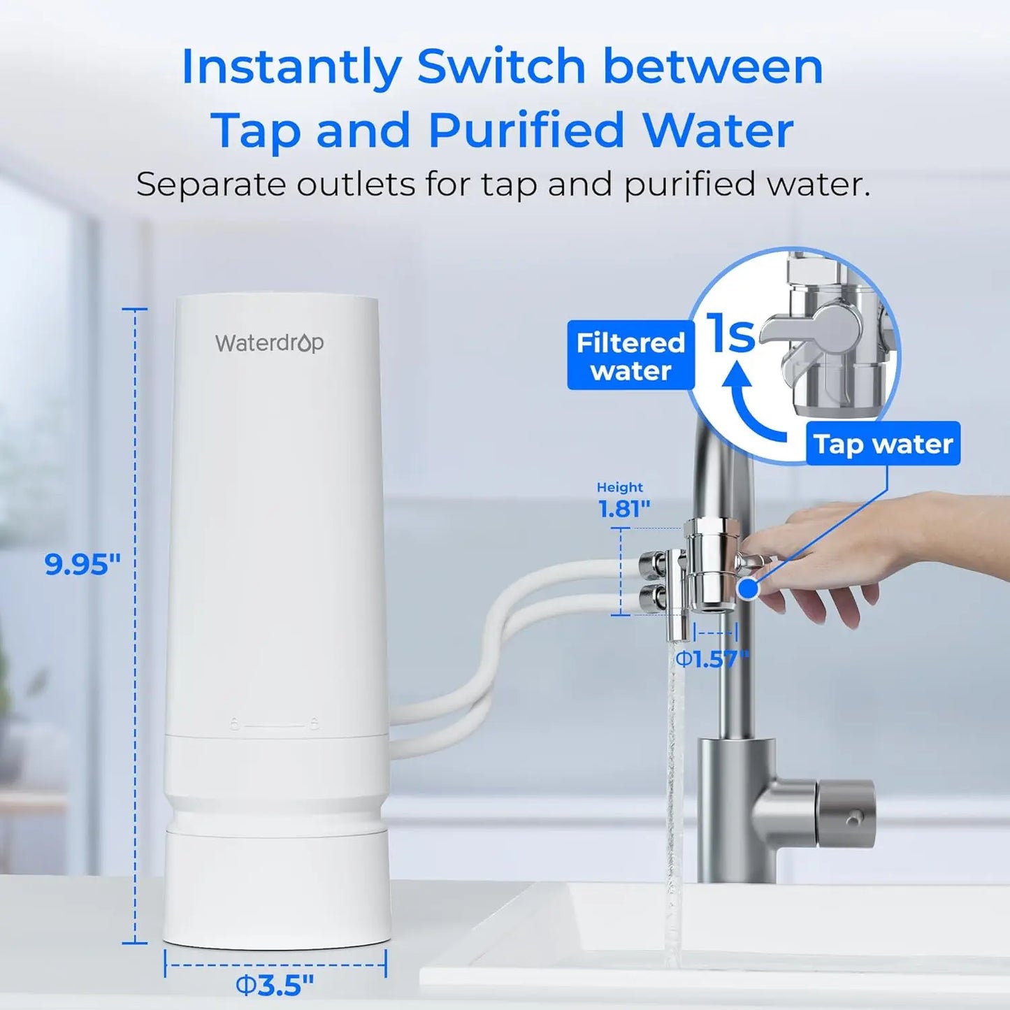 Waterdrop Countertop Water Filter, 4000 Gallons Water Filter for Sink Faucet, Reduces Heavy Metals