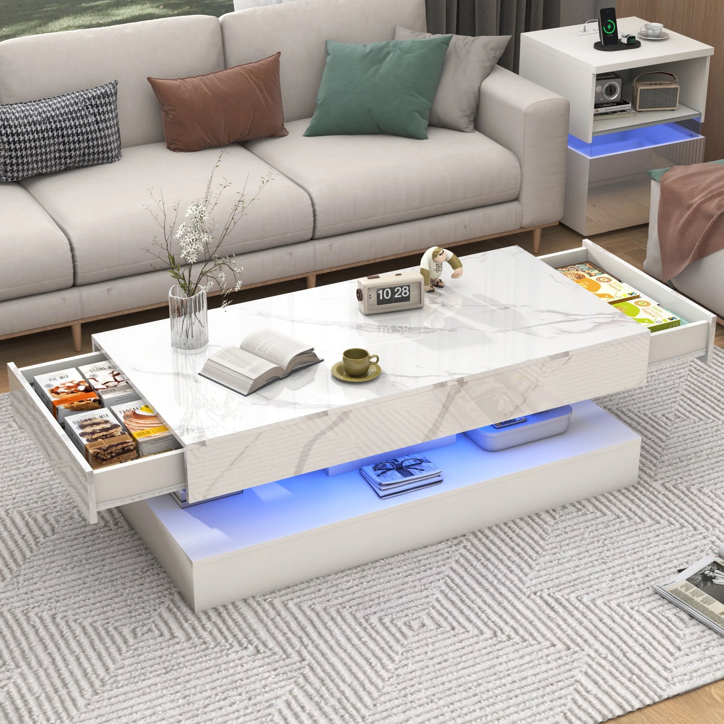 Coffee Table with LED lights, Double-Layer Design with 2 Storage Drawers