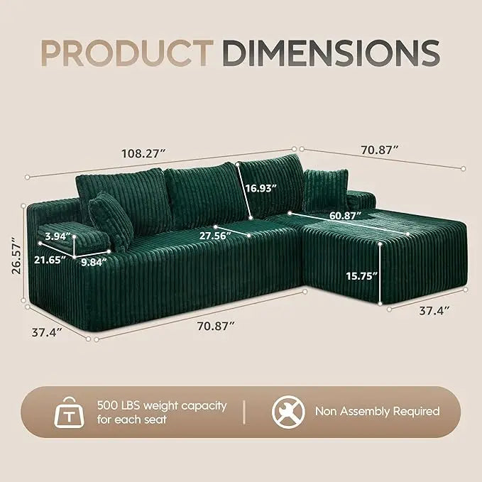 Sectional Sofa Couches 108" L-Shape Couch 3 Seat Modular Sofa Memory